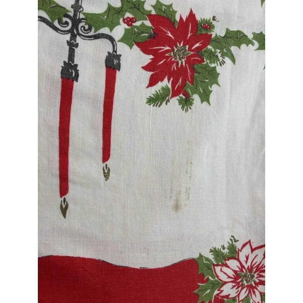 Vintage‎ Christmas Holly Candle Poinsettia Holly Tablecloth White Red Rectangle